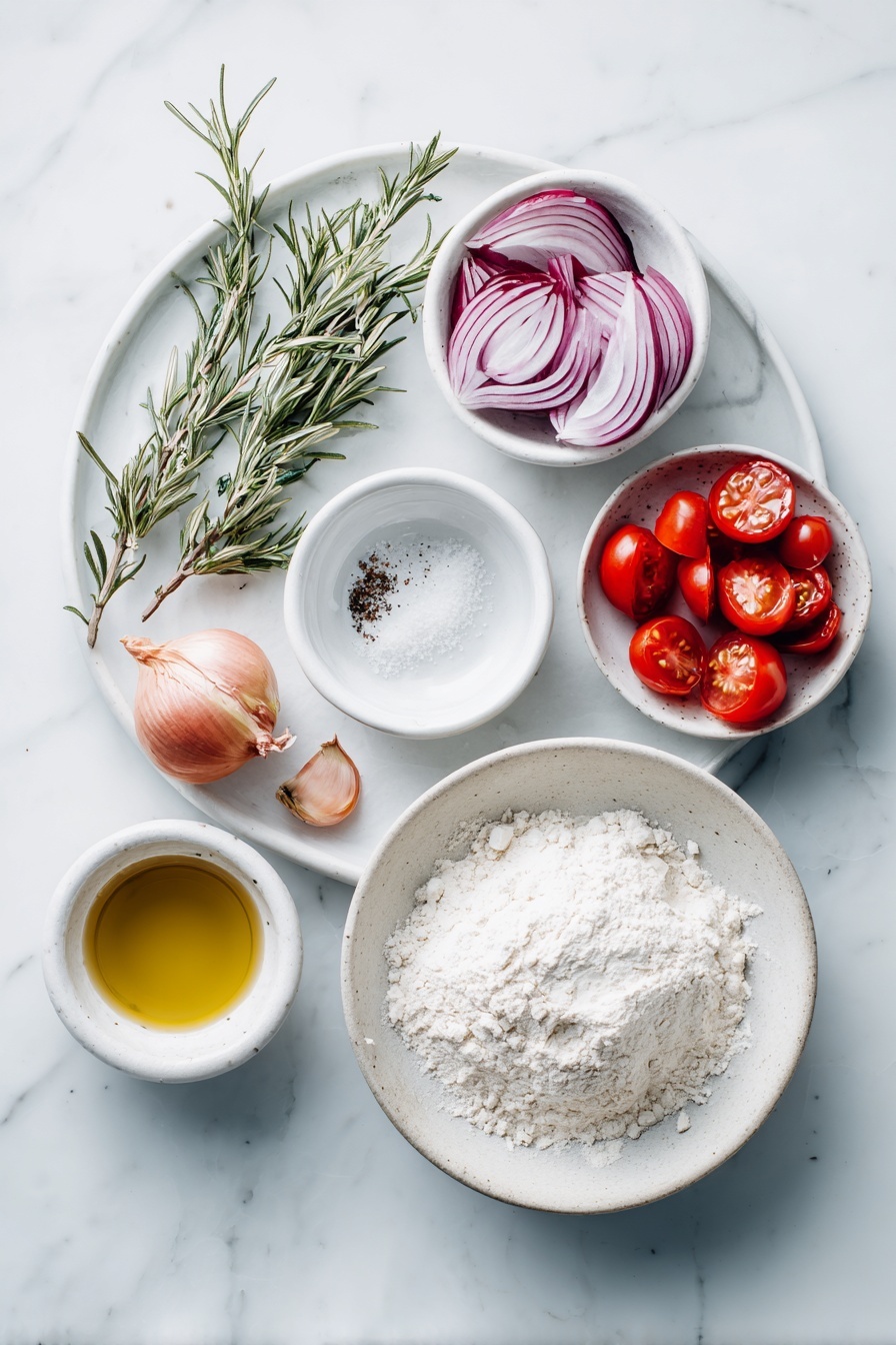 Christmas Tree Focaccia, holiday focaccia bread, festive bread recipes, easy Christmas bread, olive oil focaccia Christmas - Flat lay of a small mound of bread flour on a simple white ceramic plate, a small white bowl with active dry yeast powder, a few coarse salt crystals scattered on a second small white bowl, a clear small white bowl of warm water, fresh whole pearl onions halved, bright red cherry tomatoes halved, thin slices of red onion arranged in a delicate fan, thin slices of fresh pear, fresh green rosemary sprigs artfully arranged, a small white bowl filled with golden olive oil all placed with perfect symmetry on a clean white marble surface, soft natural light, photo taken with an iPhone, professional food photography style, fresh ingredients, white ceramic bowls, no bottles, no duplicates, no utensils, no packaging --ar 2:3 --v 7 --p m7354615311229779997