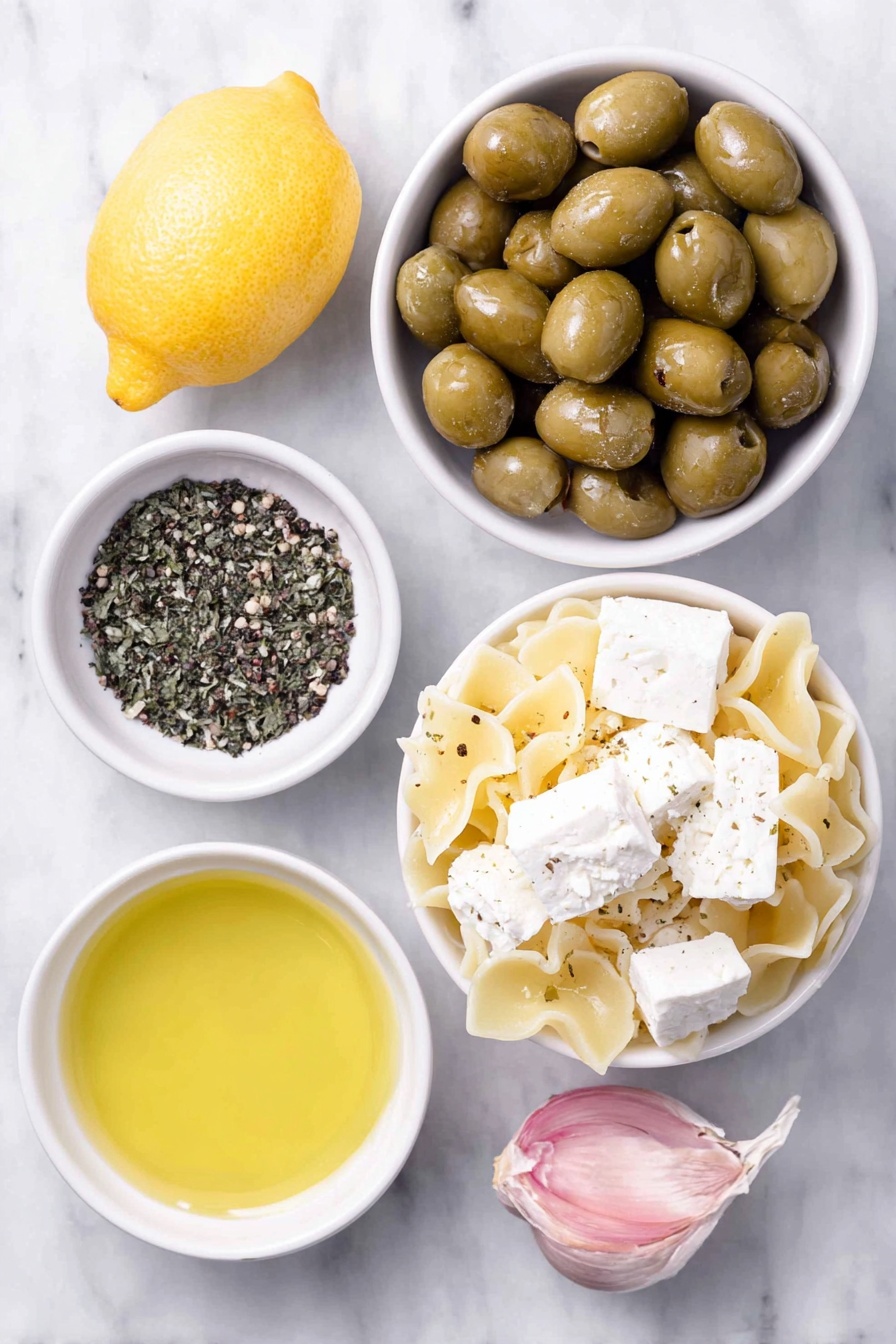 Dirty Martini Pasta Salad, pasta salad with olives and feta, tangy pasta salad recipes, gourmet pasta salad ideas, quick pasta salad dishes - Flat lay of cooked mafalda corta pasta, a small pile of roughly chopped large green olives, cubed feta cheese, a small white bowl of extra virgin olive oil, a small white bowl of olive brine, a whole unpeeled clove of fresh garlic, a whole fresh lemon, a small white bowl of freshly cracked black pepper placed on a clean white marble surface, soft natural light, photo taken with an iPhone, professional food photography style, fresh ingredients, white ceramic bowls, no bottles, no duplicates, no utensils, no packaging --ar 2:3 --v 7 --p m7354615311229779997