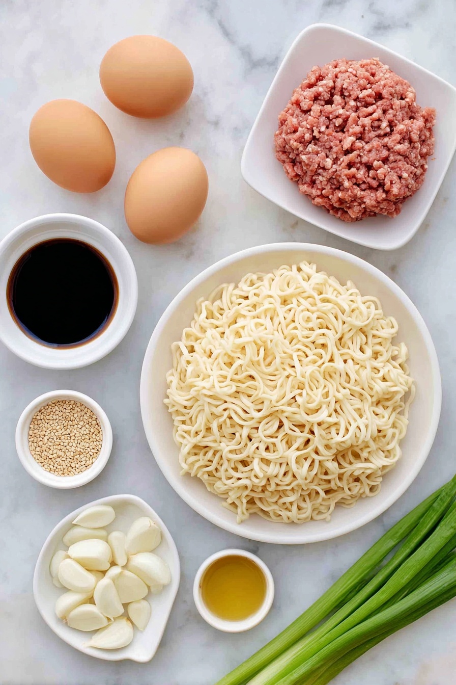 Quick Asian Beef Ramen, Asian Beef Ramen recipe, Fast ramen with beef, Easy Asian noodle bowl, Savory beef ramen - Flat lay of fresh thin ramen noodles arranged in a small white ceramic bowl, two whole uncracked brown eggs, a small white bowl filled with dark soy sauce, a small white bowl with oyster sauce, a small white bowl with mirin, a small white bowl containing golden toasted sesame oil, fresh whole garlic cloves with papery skins intact, half a white onion sliced thinly, a handful of fresh crisp bean sprouts, a small bunch of finely sliced green onions, a small pile of natural sesame seeds, and a portion of raw ground beef formed neatly on a simple white ceramic plate, placed on a clean white marble surface, soft natural light, photo taken with an iPhone, professional food photography style, fresh ingredients, white ceramic bowls, no bottles, no duplicates, no utensils, no packaging --ar 2:3 --v 7 --p m7354615311229779997
