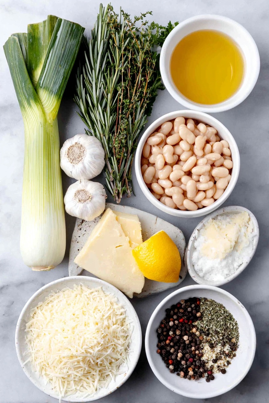 Creamy Butter Bean and Leek, butter bean and leek dish, vegetarian creamy recipe, easy butter bean recipe, cozy leek and bean meal - Flat lay of fresh whole garlic cloves, whole black peppercorns scattered, a sliced leek showing white and light green layers, a small white ceramic bowl with golden butter, a small white bowl with dry white wine, a fresh sprig of rosemary, a fresh sprig of thyme, a simple white bowl filled with rinsed cannellini beans, a small white bowl with clear vegetable broth, a small white bowl containing fine salt crystals, a wedge of lemon showing both zest and juice droplets, a handful of fresh flat-leaf parsley, finely grated sharp cheddar cheese mound on a white plate, finely grated vegetarian pecorino cheese pile on a separate white plate, all ingredients arranged symmetrically on a clean white marble surface, soft natural light, photo taken with an iPhone, professional food photography style, fresh ingredients, white ceramic bowls, no bottles, no duplicates, no utensils, no packaging --ar 2:3 --v 7 --p m7354615311229779997