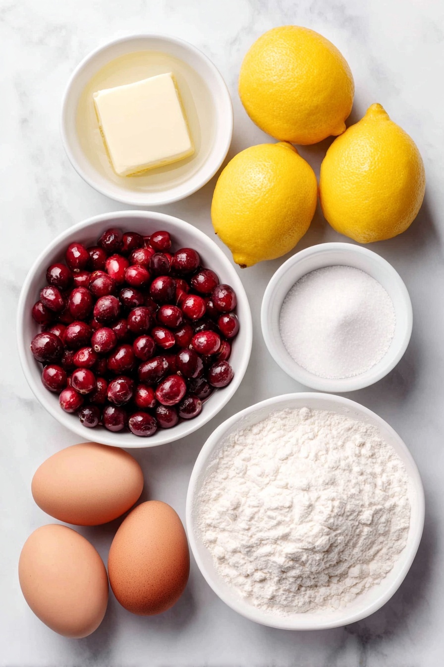 Cranberry Lemon Bars, Cranberry Lemon Bars recipe, lemon cranberry dessert, easy lemon bars, holiday dessert recipes - Flat lay of fresh whole cranberries scattered beside a small white bowl of clear water, a small white bowl filled with granulated sugar, a stick of unsalted butter partially melted on a simple white ceramic plate, a small white bowl holding all-purpose flour, three whole uncracked brown eggs, three fresh whole lemons with one cut in half, a small white bowl containing pale lemon juice, and a smaller white bowl with fine white powdered sugar, all arranged in perfect symmetry on a clean white marble surface, soft natural light, photo taken with an iPhone, professional food photography style, fresh ingredients, white ceramic bowls, no bottles, no duplicates, no utensils, no packaging --ar 2:3 --v 7 --p m7354615311229779997