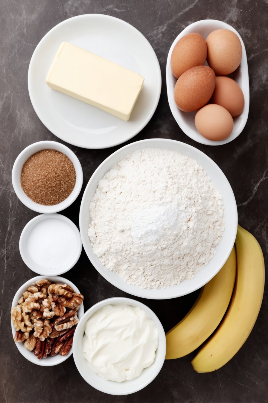 Moist Banana Bread, Best Banana Bread, Easy Banana Bread Recipe, Fluffy Banana Loaf, Tender Banana Bread - Flat lay of a stick of softened butter on a simple white ceramic plate, two whole uncracked brown eggs, a small white bowl of packed brown sugar, a small white bowl of white granulated sugar, two medium ripe bananas peeled and sliced, a small white bowl of all-purpose flour, a small white bowl of finely ground old fashioned oats, a small white bowl of sour cream, a small white bowl of golden baking powder, a small white bowl of light beige baking soda powder, a small white bowl of coarse kosher salt crystals, a small white bowl with ground cinnamon, a small white bowl with ground nutmeg, a small white bowl with ground cloves, a small white ceramic dish of chopped toasted walnuts and pecans mixed together — all ingredients fresh and natural, arranged in perfect symmetry, realistic proportions, placed on a clean white marble surface, soft natural light, photo taken with an iPhone, professional food photography style, fresh ingredients, white ceramic bowls, no bottles, no duplicates, no utensils, no packaging --ar 2:3 --v 7 --p m7354615311229779997