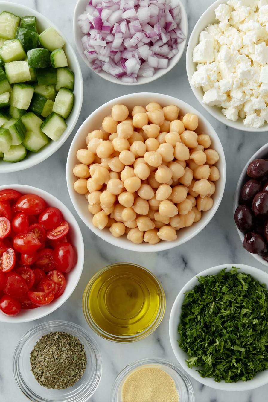 Easy Mediterranean Chickpea Salad, Mediterranean Chickpea Salad, Healthy Chickpea Salad, Quick Vegetarian Salad, Easy Summer Salad - Flat lay of a small white ceramic bowl filled with fresh, plump chickpeas, a small white ceramic bowl of chopped cucumber, a small white ceramic bowl of halved cherry tomatoes, a small white ceramic bowl holding diced red bell pepper, a small white ceramic bowl with sliced deep purple kalamata olives, a small white ceramic bowl containing finely chopped red onion, a small white ceramic bowl of crumbled white feta cheese, a small white ceramic bowl with chopped fresh green parsley, a small white ceramic bowl of golden extra virgin olive oil, a small white ceramic bowl of deep red wine vinegar, a small white ceramic bowl holding smooth pale yellow Dijon mustard powder, and small white ceramic bowls with dried oregano, garlic powder, kosher salt, and ground black pepper, all ingredients arranged symmetrically and balanced, placed on a clean white marble surface, soft natural light, photo taken with an iPhone, professional food photography style, fresh ingredients, white ceramic bowls, no bottles, no duplicates, no utensils, no packaging --ar 2:3 --v 7 --p m7354615311229779997