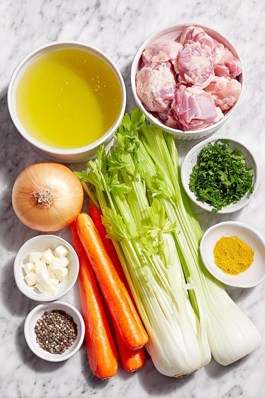 Turmeric Chicken Soup, healthy turmeric chicken soup, nourishing chicken soup with turmeric, anti-inflammatory chicken soup, comforting chicken soup recipe - Flat lay of a small white ceramic bowl of golden olive oil, a whole medium onion with papery skin, a large leek cut lengthwise showing white and light green layers, three vibrant orange carrots sliced into rounds, three bright green celery stalks sliced thin, three whole garlic cloves peeled, a small white bowl of bright yellow turmeric powder, a small white bowl with mixed poultry seasoning, a simple white ceramic bowl filled with rich golden chicken broth, a small white bowl of creamy white coconut milk, two raw boneless skinless chicken thighs, a small white bowl of fresh bright green parsley leaves, a small white bowl of coarse kosher salt crystals, and a small white bowl of cracked black peppercorns, all arranged with perfect symmetry on a clean white marble surface, soft natural light, photo taken with an iPhone, professional food photography style, fresh ingredients, white ceramic bowls, no bottles, no duplicates, no utensils, no packaging --ar 2:3 --v 7 --p m7354615311229779997