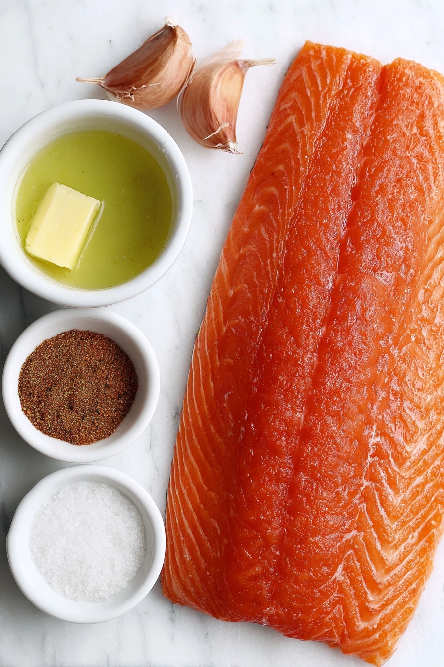 Oven Baked Salmon with Garlic Butter, baked salmon recipes, easy salmon dinner, healthy salmon fillet, flavorful salmon recipes - Flat lay of a large whole salmon fillet with skin on, a small white bowl of melted butter, two whole brown garlic cloves, a small white bowl of brown sugar, a small white bowl with a mix of Italian seasoning, ground paprika, garlic powder, salt, and ground black pepper, all arranged with perfect symmetry on a clean white marble surface, soft natural light, photo taken with an iPhone, professional food photography style, fresh ingredients, white ceramic bowls, no bottles, no duplicates, no utensils, no packaging --ar 2:3 --v 7 --p m7354615311229779997