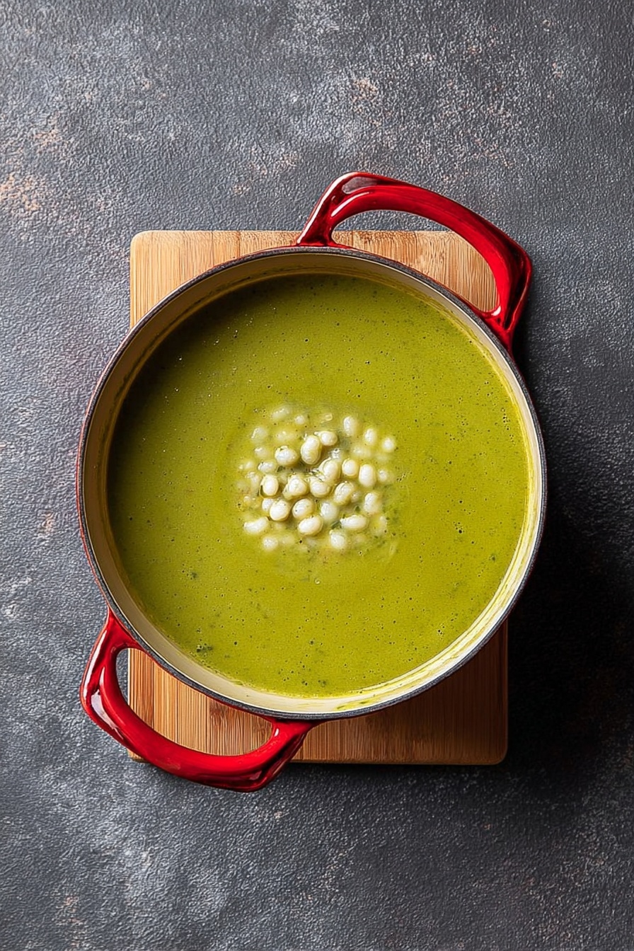 Chicken Pozole Verde Soup, Mexican Chicken Pozole Verde, Green Pozole Soup, Healthy Mexican Pozole, Hominy Chicken Soup - A round pot with shiny red handles holds a green soup that fills the pot almost to the top. On top of the soup, in the center, there is a layer of small, white, soft-looking balls. The pot is placed on a light wooden board, which sits on a dark gray textured surface. The image is taken from above showing the whole pot clearly photo taken with an iphone --ar 2:3 --v 7