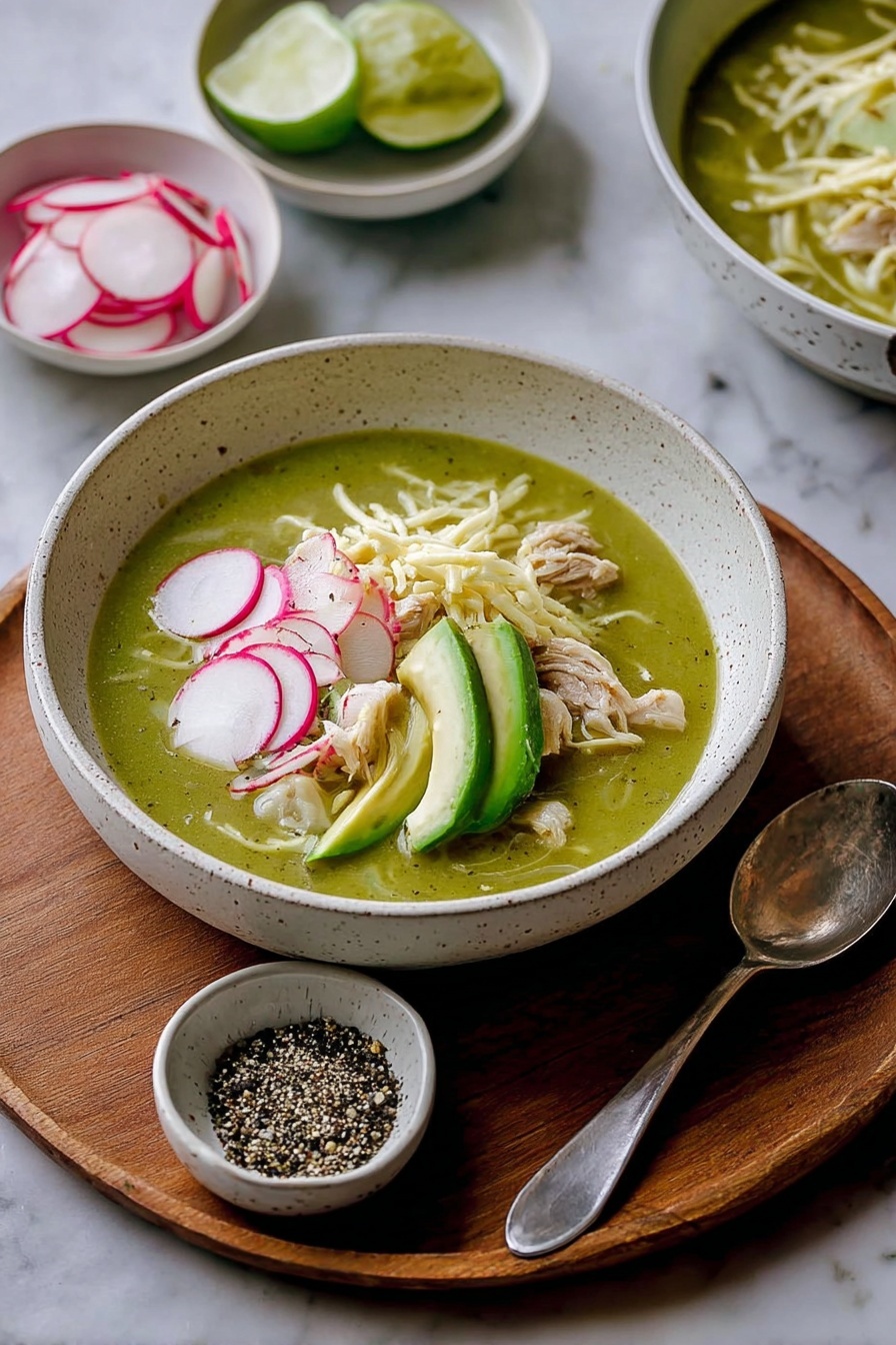 Chicken Pozole Verde Soup, Mexican Chicken Pozole Verde, Green Pozole Soup, Healthy Mexican Pozole, Hominy Chicken Soup - The image shows a bowl of green soup with three main layers: the base is a smooth, green broth that fills the bowl; on top, there are thin, pale yellow shredded pieces and small chunks of light beige meat; arranged on top in a neat row are thin white radish slices with pink edges, and slices of light green avocado with a creamy texture. The bowl is white with a speckled pattern and sits on a wooden board. Around it, there is a small bowl of black and white pepper on the board, a silver spoon below it, and in the background, a white bowl of thin radish slices and another white bowl with lime wedges, all placed on a white marbled surface. Photo taken with an iphone --ar 2:3 --v 7