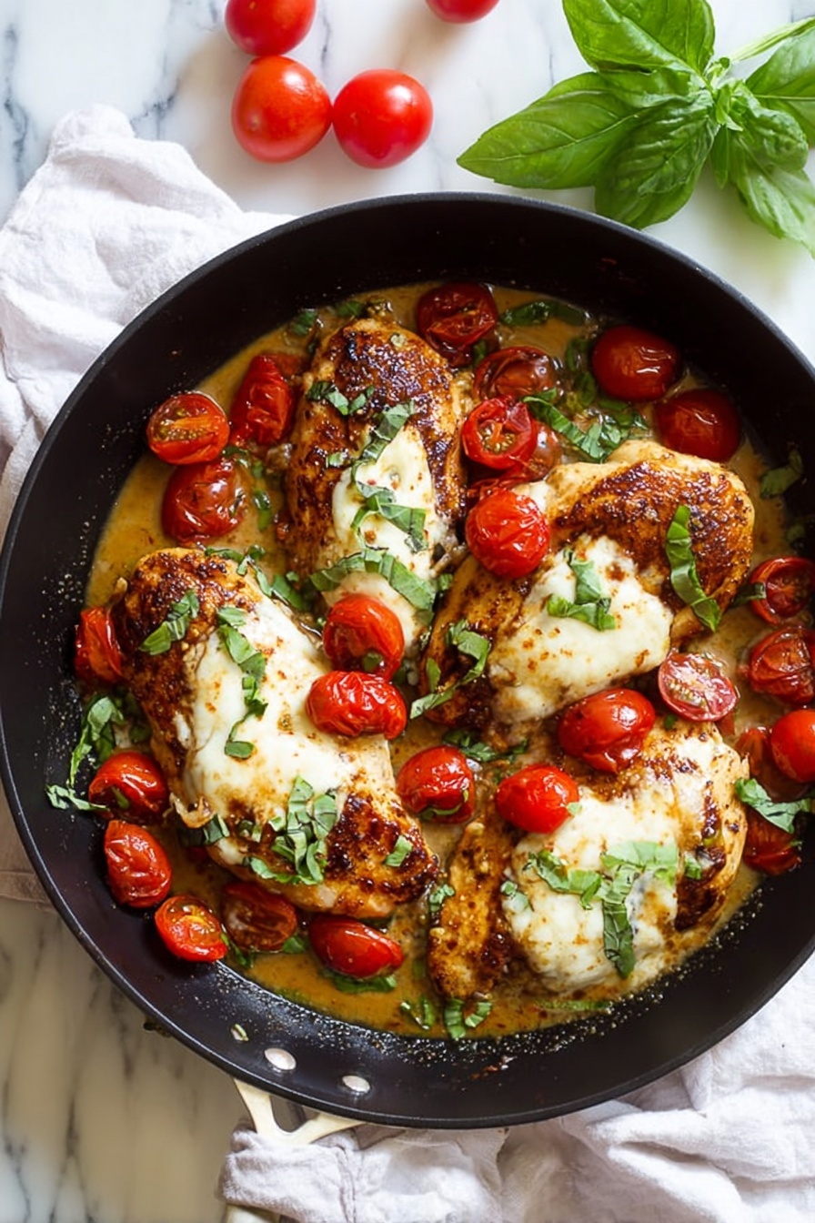 Balsamic Chicken with Tomato Mozzarella, Balsamic Chicken dinner, Easy chicken recipes, Quick weeknight meals, Fresh mozzarella chicken - A black skillet holds four brown, cooked chicken fillets layered with melted white cheese on top. Around and on the chicken are bright red cherry tomatoes, some whole and some sliced in halves, mixed with green basil leaves. The chicken sits in a light brown sauce that fills the skillet. The skillet rests on a white marbled surface with a white cloth underneath and fresh red tomatoes and green basil leaves are visible at the top corner. Photo taken with an iphone --ar 2:3 --v 7
