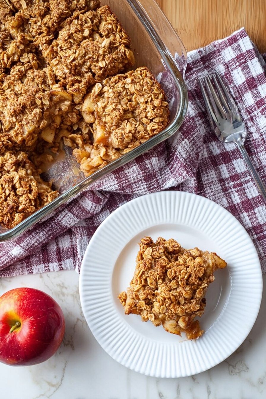 Apple Cinnamon Baked Oatmeal, healthy breakfast oatmeal, cozy breakfast ideas, easy baked oatmeal recipe, wholesome apple cinnamon oats - A glass baking dish filled with a baked oat and apple square dessert, showing a textured, golden-brown crumbly oat topping with pieces of apple visible inside. One square is placed on a white plate with ridged edges to the right, showing the same oat and apple mix with a slightly rough top. A silver fork rests above the plate on a wooden table. A folded purple and white checkered cloth is placed between the plate and the glass dish. A red apple sits below the cloth near the bottom edge. The background surface is a white marbled texture. Photo taken with an iphone --ar 2:3 --v 7