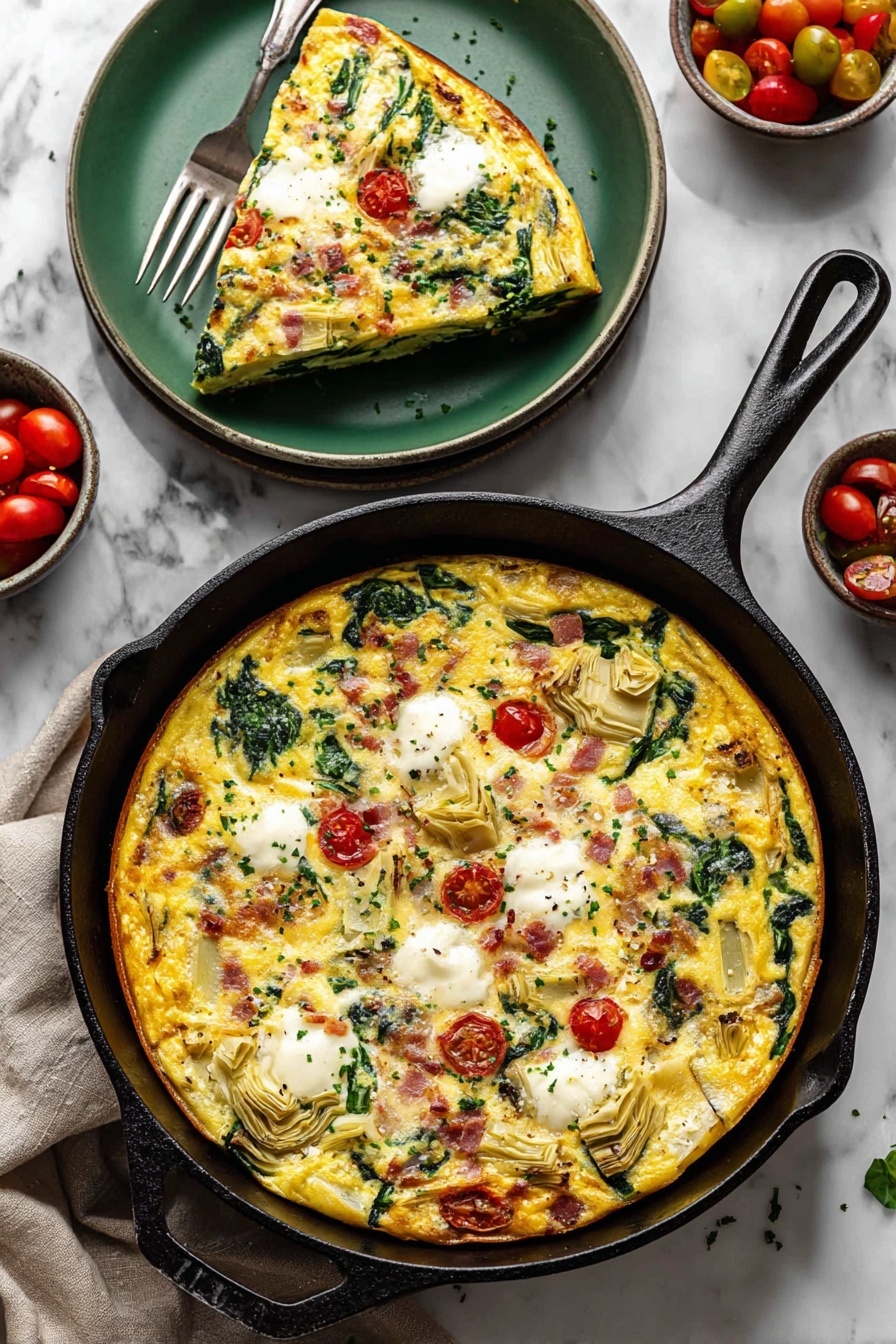 Vegetable Frittata, easy vegetable frittata, healthy vegetable frittata, quick veggie frittata, customizable frittata - A round frittata in a black cast iron skillet with a slice removed, showing 3 main layers: a yellow egg base with green spinach leaves mixed in, red cherry tomatoes scattered within, and white dollops of cheese on top, along with pieces of light brown artichoke hearts and pinkish prosciutto. The slice sits on a green plate, showing the same layers with visible fluffy texture and melted cheese. All set on a white marbled surface with a fork beside the skillet and some small bowls of cherry tomatoes and greens nearby. Photo taken with an iphone --ar 2:3 --v 7