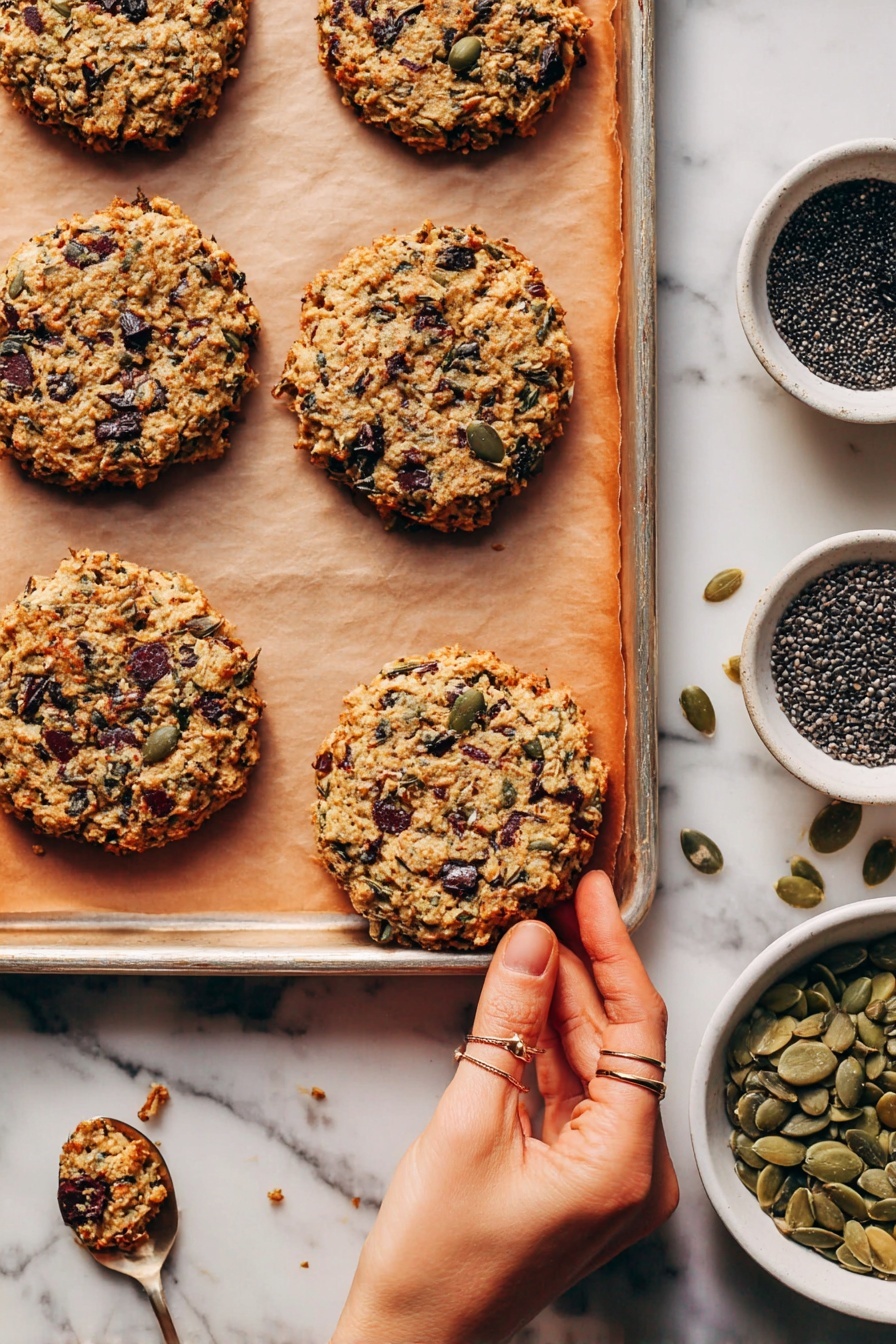 Quinoa Breakfast Cookies with Seeds, healthy breakfast cookies, nutritious seed cookies, quick breakfast recipes, wholesome seed snack - There are several round cookies with a rough texture on a baking sheet lined with parchment paper. The cookies are golden brown with visible small dark brown chocolate chips, black and green seeds, and light grains mixed throughout. A woman's hand with thin rings is holding one cookie at the bottom right corner. To the right side of the baking sheet, some seeds and chocolate chips are scattered on a white marbled surface, along with two small white bowls filled with black seeds and green pumpkin seeds, and a small spoon with light seeds. photo taken with an iphone --ar 2:3 --v 7