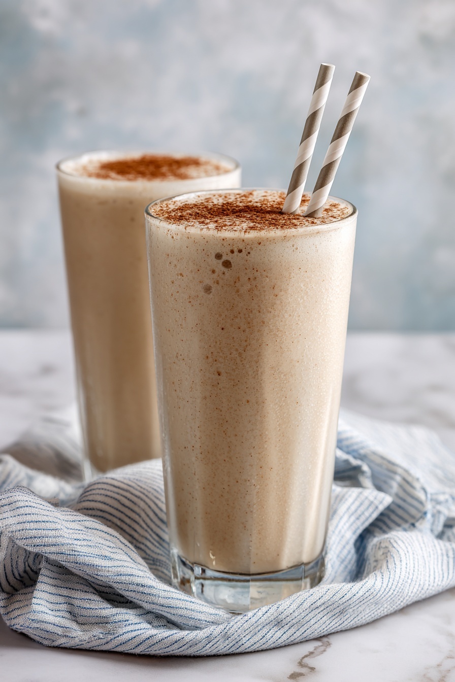 Vanilla Chai Protein Shake, chai protein shake, healthy protein smoothie, quick breakfast shake, warming spice protein drink - A tall clear glass filled with a beige creamy drink topped with a sprinkle of light brown powder. Two white and gray striped paper straws are placed vertically in the drink. The glass is set on a white marbled surface with a light blue cloth with white stripes loosely wrapped around the base. The background is soft and blurred with a mix of white and light blue colors. photo taken with an iphone --ar 2:3 --v 7