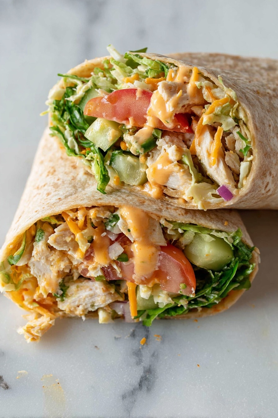 BBQ Chicken Wraps with Greek Yogurt, grilled chicken wraps, healthy chicken wraps, easy BBQ wraps, savory Greek yogurt wraps - A close-up shows two pieces of a wrap cut in half and stacked on a white marbled surface, with the top half resting on the bottom half. The wrap has a light brown, soft texture outside. Inside, three main layers are visible: the first layer is chunks of tender, white cooked chicken; the second layer contains bright green shredded lettuce and slices of tomato with a fresh red-orange hue; the third layer has small bits of purple onion, green cucumber strips, and a creamy orange dressing that holds the ingredients together. The wrap is filled generously and looks fresh and colorful. Photo taken with an iphone --ar 2:3 --v 7