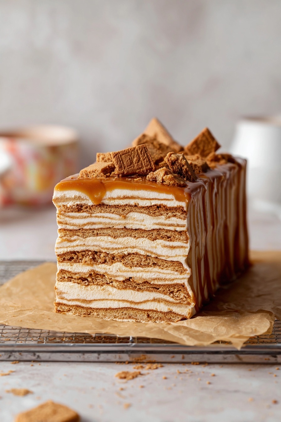 No-Bake Cookie Butter Icebox Cake, cookie butter dessert, no-bake layered cake, easy cookie butter cake, no-bake dessert recipes - A slice of layered dessert with about six visible layers stands on brown parchment paper on a metal rack. Each layer alternates between light beige creamy filling and light brown biscuit layers, creating a striped effect. The top is covered with a smooth caramel-colored layer that drips slightly down the sides and is topped with broken pieces of biscuit in the same light brown color. The background features a white marbled texture with blurred objects in soft colors, enhancing the dessert's warm tones. photo taken with an iphone --ar 2:3 --v 7