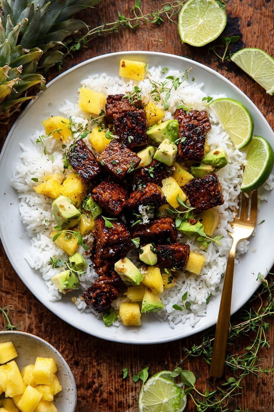 Pineapple Chicken with Coconut Rice, tropical chicken and rice recipe, quick pineapple chicken dinner, easy coconut rice recipe, healthy pineapple chicken dish - This dish shows a white plate filled with a base layer of fluffy white rice. On top, there are several pieces of dark brown glazed grilled meat, appearing shiny and well-cooked with a slightly caramelized texture. Scattered around the meat are bright yellow chunks of pineapple and small cubes of green avocado, adding fresh color contrast. Small sprigs of green herbs with tiny white flowers sit on top, adding detail and freshness. The background is a white marbled surface. photo taken with an iphone --ar 2:3 --v 7