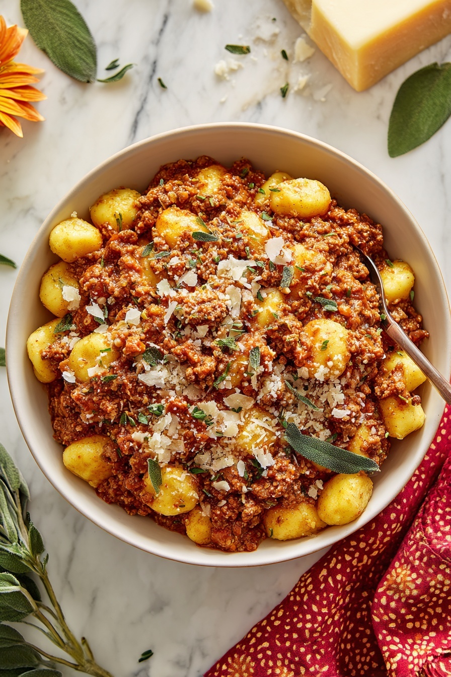 Gnocchi Bolognese, hearty pasta dish, baked gnocchi with meat sauce, comforting Italian dinner, easy gnocchi recipes - A white bowl filled with a rich, chunky dish made of two layers: the base layer is soft, yellow gnocchi with a smooth texture, and the top layer is a thick, reddish-brown meat sauce with small bits of meat and tomato sauce mixed evenly, both layers covered with bits of grated white cheese and small green herb pieces scattered on top. The bowl is placed on a white marbled surface next to a red cloth with a pattern, a piece of pale yellow cheese block, and scattered green leaves. Photo taken with an iphone --ar 2:3 --v 7
