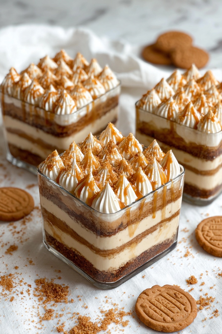 Easy Biscoff Tiramisu, Biscoff Tiramisu dessert, no-bake tiramisu recipe, creamy Biscoff dessert, quick tiramisu with Biscoff cookies - The image shows three square glass containers filled with a layered dessert placed on a white marbled surface covered partly with a white cloth. Each container has four visible layers: at the bottom, a dark brown layer with a crumbly texture; above it, a smooth light beige creamy layer; the third layer is another dark brown crumbly layer similar to the bottom; and on the top, piped dollops of cream in light beige form neat rows covering the entire surface. This top cream layer is drizzled with a thick caramel-colored sauce and sprinkled lightly with crushed cookie crumbs that add texture. Around the containers, whole and broken caramel-colored cookies are scattered on the white cloth, adding a rustic look. The photo taken with an iphone --ar 2:3 --v 7