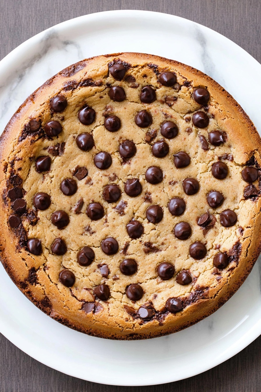 Chickpea Cookie Pie, Healthy Cookie Pie, Vegetarian Dessert, Protein-Packed Cookie Pie, Easy Dessert Recipes - A round cookie cake sits on a white plate placed on a white marbled surface. The cookie cake has one layer with a golden-brown surface, slightly cracked around the edges. Scattered evenly across the cookie are melted dark brown chocolate chips that add a shiny texture. The outer edge of the cookie is darker, showing a crispier, baked texture, contrasting with the softer, lighter middle area. Photo taken with an iphone --ar 2:3 --v 7