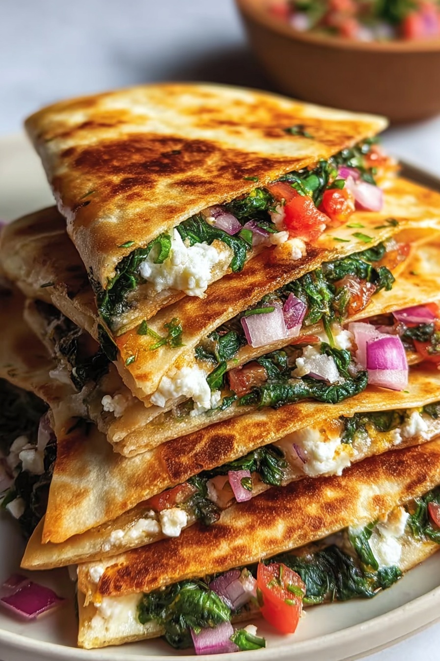 Mediterranean Spinach Feta Quesadillas, Mediterranean Quesadillas, Spinach and Feta Quesadillas, Easy Mediterranean Breakfast, Quick Spinach Feta Dinner - The image shows a stack of three golden-brown quesadilla wedges on a wooden board. Each wedge has a crispy, slightly charred tortilla exterior with melted white cheese and green leafy spinach inside. The top quesadilla wedge is garnished with small red tomato pieces, chopped purple onion, white crumbled cheese, and fresh green herbs scattered over and around the quesadillas. The background surface is a white marbled texture with a white bowl filled with salad partially visible in the upper right corner. Photo taken with an iphone --ar 2:3 --v 7