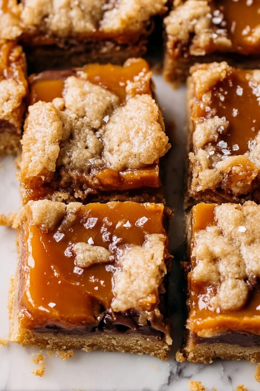 Salted Caramel Chocolate Chip Oat Bars, Easy caramel oat bars, Chewy chocolate chip oat bars, No-bake dessert bars, Salted caramel snack bars - The image shows square pieces of a dessert bar arranged close together on a white marbled surface. Each bar has three visible layers: a bottom crust layer that is golden brown and crumbly, a middle layer of rich, glossy caramel with a smooth texture, and a top layer of crumbly dough in light beige color with small, uneven chunks scattered across. Some caramel oozes out between the layers, making the bars look sticky and soft. Light salt flakes are sprinkled on the top, adding a bit of sparkle. The bars are cut in a way that reveals all layers clearly. Photo taken with an iphone --ar 2:3 --v 7