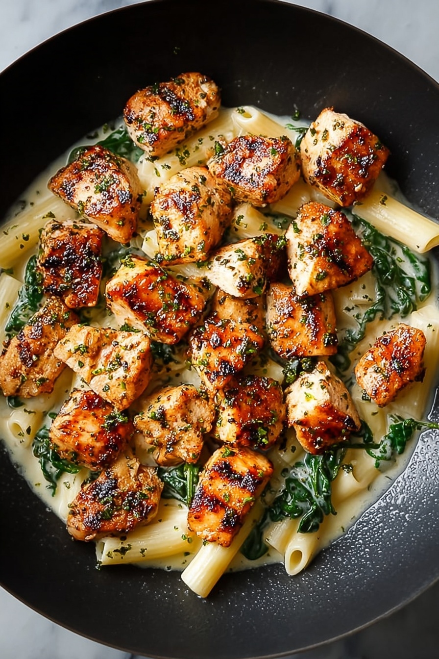 Healthy Garlic Parmesan Chicken Pasta, healthy chicken pasta recipe, easy healthy pasta dish, nutritious garlic chicken pasta, light creamy chicken pasta - Small square pieces of cooked chicken with golden brown sear marks are spread evenly in a black frying pan. Each piece has specks of black pepper and green herbs scattered on top. The pan shows some oil glistening around the chicken pieces, creating a shiny and slightly wet texture. The background is a white marbled surface. photo taken with an iphone --ar 2:3 --v 7