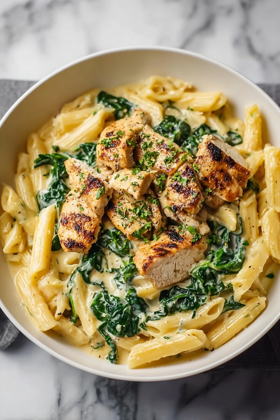 Healthy Garlic Parmesan Chicken Pasta, healthy chicken pasta recipe, easy healthy pasta dish, nutritious garlic chicken pasta, light creamy chicken pasta - A white bowl filled with creamy penne pasta as the base layer, smooth and pale yellow with a glossy texture. On top of the pasta are wilted dark green spinach leaves spread evenly. The dish is topped with several pieces of grilled golden-brown chicken with visible grill marks and sprinkled lightly with finely chopped herbs. The sauce coating the pasta and spinach looks creamy with a slightly shiny finish, blending in with the ingredients. The background is a white marbled surface. photo taken with an iphone --ar 2:3 --v 7