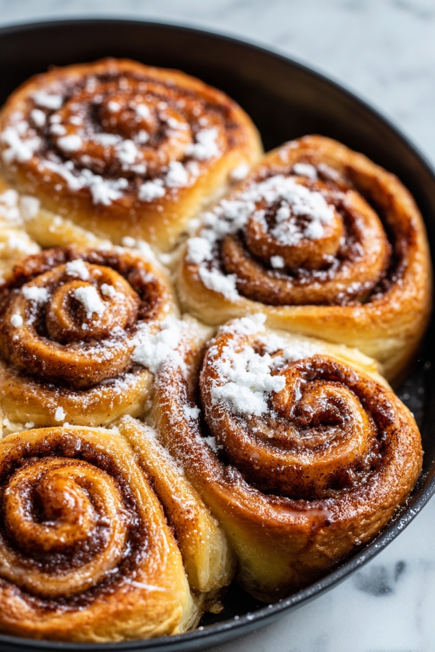 Cinnamon Roll French Toast, cinnamon roll breakfast ideas, easy cinnamon French toast, indulgent breakfast recipes, cinnamon toast casserole - The image shows a close-up of four cinnamon rolls stacked in a round pan. Each roll has three visible layers, with a thick swirl of brown cinnamon sugar filling in between the layers of golden brown, flaky dough. The cinnamon filling looks soft and glistens slightly from a sticky glaze coating the rolls. A light dusting of powdered sugar is scattered on top and some glaze pools inside the central spiral of the rolls. The pan's dark edges contrast with the shiny warm rolls, all resting on a white marbled surface. photo taken with an iphone --ar 2:3 --v 7