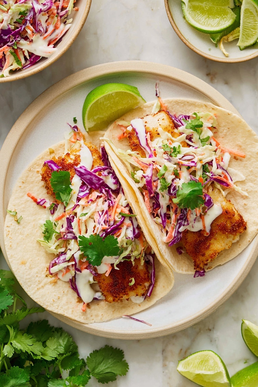 Air Fryer Fish Tacos with Cilantro Lime Slaw, fish tacos recipe, air fryer seafood tacos, healthy fish taco ideas, easy fish taco recipe - The image shows a white plate holding three soft tortillas at the bottom, each topped with golden-brown spiced fish pieces that have a slightly crispy texture. On top of the fish, there is a colorful coleslaw made of vibrant purple cabbage, white cabbage, and thin slices of carrot mixed with a creamy dressing. Green cilantro leaves are placed fresh on both the tortillas and plate edges. Two lime wedges are placed on the side of the plate for garnish. The setting includes a white marbled surface with a small white bowl of lime wedges in the background. Photo taken with an iphone --ar 2:3 --v 7