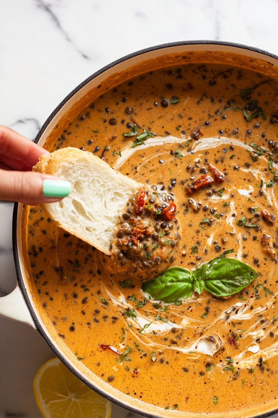 Creamy Lentil Pasta with Sun-Dried Tomatoes, Lentil Pasta with Sun-Dried Tomatoes, Plant-Based Lentil Pasta Recipe, Creamy Vegan Pasta, Easy Lentil Pasta dinner - A close-up of a creamy orange lentil dish mixed with dark green spinach and small bits of red tomato, all in one thick layer. The lentils are dark and round, creating a bumpy texture throughout the orange sauce. A woman's hand with green nail polish is dipping a light slice of bread into the creamy lentil mixture, lifting some of it. The dish is served in a white bowl with a dark rim, sitting on a white marbled surface. Photo taken with an iphone --ar 2:3 --v 7