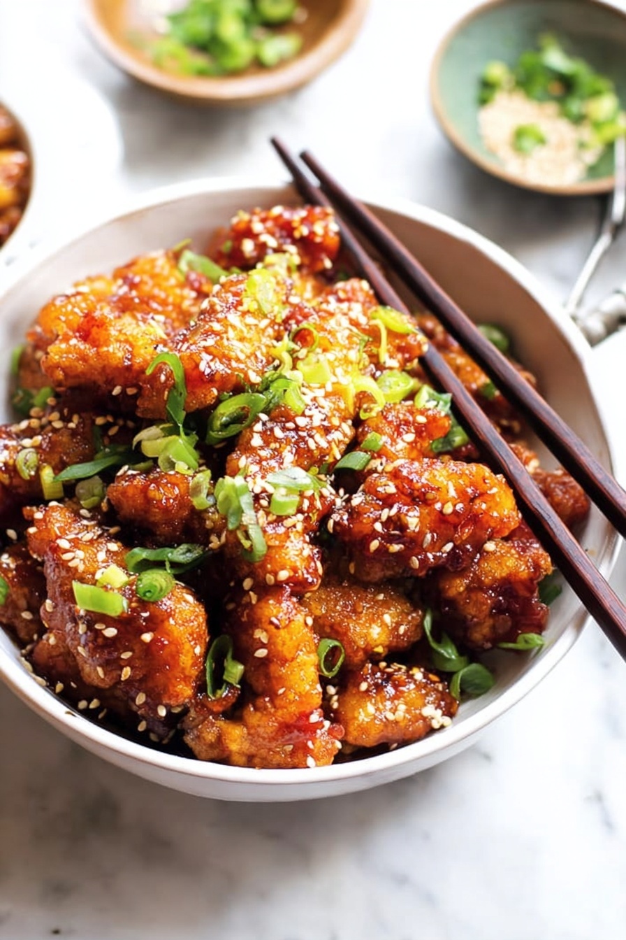 Paleo Sesame Chicken, healthy Paleo chicken recipes, Whole30 sesame chicken, gluten-free sesame chicken, easy Paleo chicken dinner - The image shows a white bowl filled with crispy fried chicken pieces coated in a shiny reddish-brown sauce. The chicken pieces are layered closely together, with a sprinkling of white sesame seeds and chopped bright green onions scattered on top, adding vibrant color contrast. A pair of dark wooden chopsticks rests on the edge of the bowl, partially inserted into the chicken. The bowl sits on a white marbled surface with small bowls of green onion and seasoning blurred in the background. Photo taken with an iphone --ar 2:3 --v 7