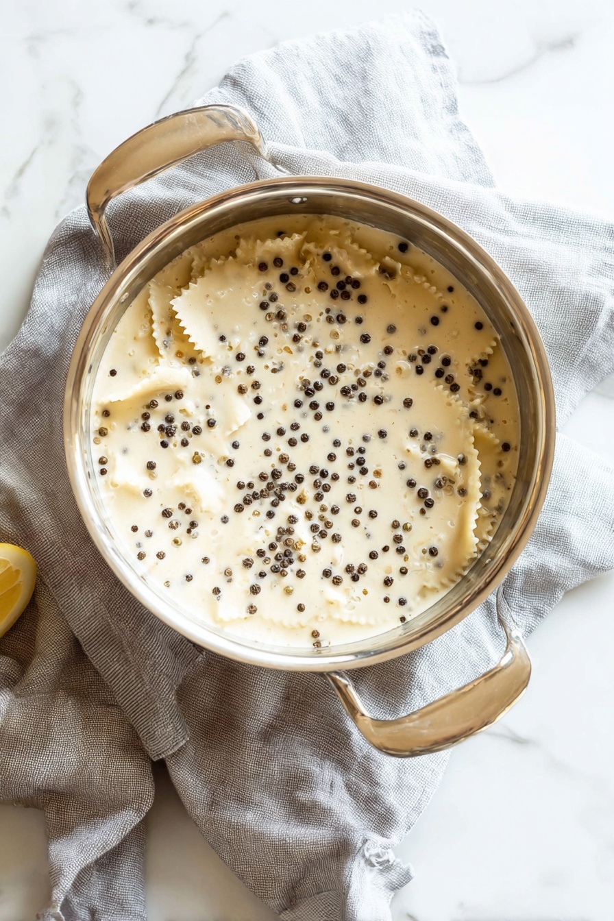 Lemon Caper Sauce for Pasta and Seafood, lemon caper pasta sauce, seafood lemon caper sauce, bright lemon seafood sauce, easy pasta sauce with capers - The image shows many pieces of ravioli pasta, each piece square with scalloped edges and a pale yellow color. The ravioli are covered with a creamy white sauce that has a smooth texture and small rounded green peppercorns scattered evenly on top. The layers are mainly the ravioli base, the creamy sauce covering them, and the small green peppercorns sitting on the sauce. The image is a close-up with a soft lighting that highlights the shine and texture of the pasta and sauce, with no other objects or background visible. photo taken with an iphone --ar 2:3 --v 7