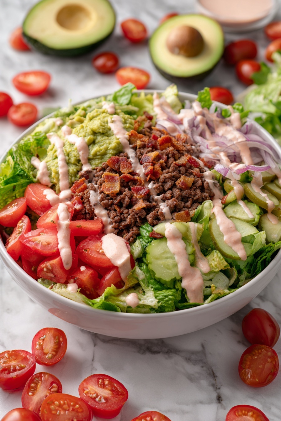 Loaded Burger Bowl with Special Sauce, burger bowl recipe, healthy burger bowl, easy burger bowl, quick dinner burger bowl - The image shows a white bowl filled with a fresh salad arranged in layers. At the bottom, there is a base of green lettuce leaves. On top of the lettuce, there are several layers including bright red cherry tomato halves, crumbled cooked ground beef in brown color, and slices of pale green pickles sprinkled with chopped herbs. There are also thin slices of cooked meat with a golden-brown crispy texture and lightly grilled onion rings with a slightly translucent look. On one side of the bowl, there is a generous scoop of green guacamole, and pinkish creamy dressing is drizzled over the top of all the ingredients. The bowl sits on a white marbled surface, with halves of fresh avocado in the background. Photo taken with an iphone --ar 2:3 --v 7