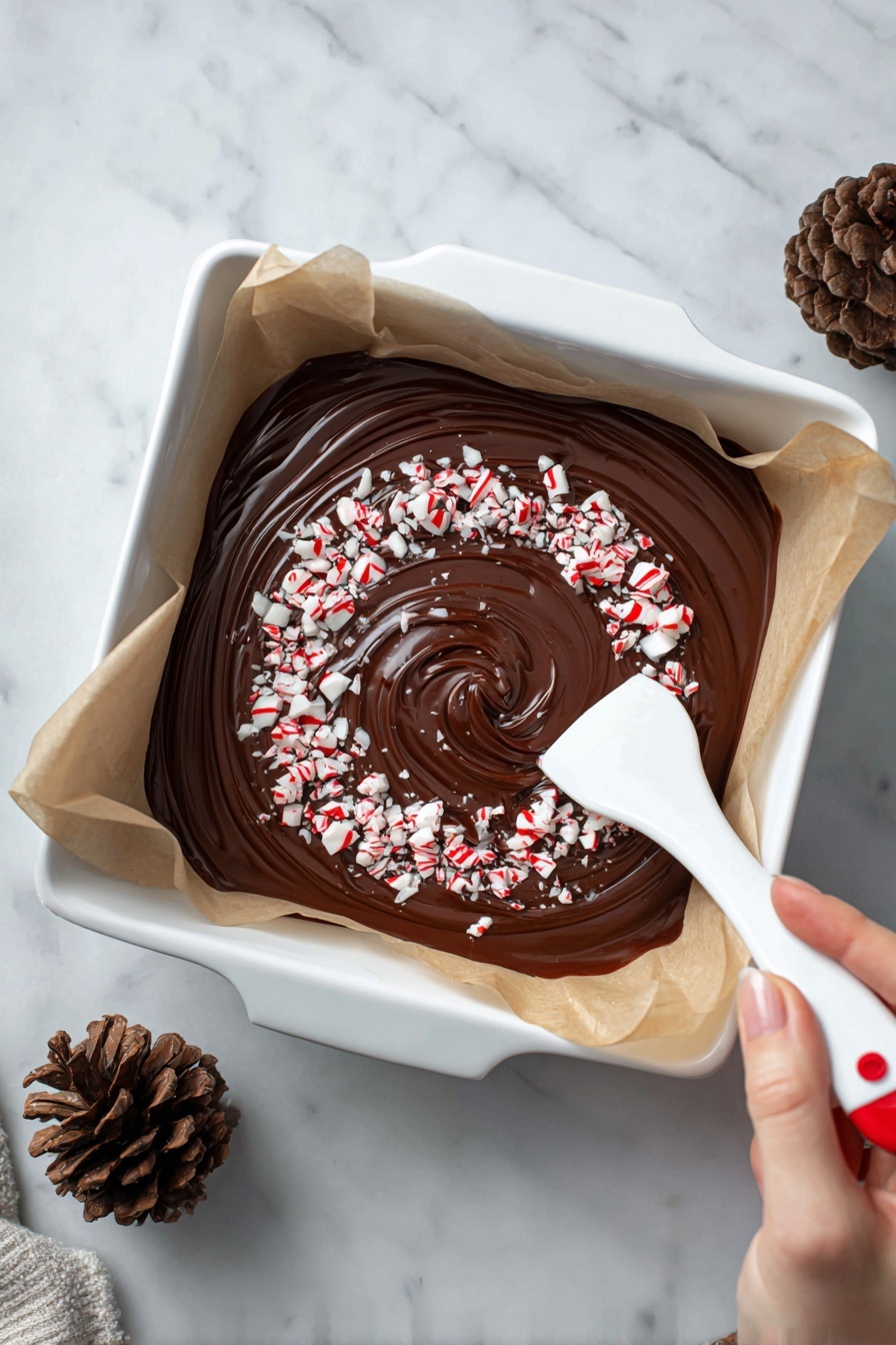 Peppermint Swirl Chocolate Fudge, peppermint fudge recipe, holiday chocolate fudge, mint chocolate fudge, easy peppermint fudge - A white baking pan lined with parchment paper holds a single-layer, glossy dark chocolate mixture spread evenly inside. A woman's hand is using a white spatula with a red tip to swirl crushed white and red peppermint pieces on top of the chocolate with circular motions. The spatula moves from the center outward, creating a marbled effect with the crushed peppermint pieces scattered mainly around the center and edges. The setting features a white marbled surface, and a pine cone is visible nearby. Photo taken with an iphone --ar 2:3 --v 7
