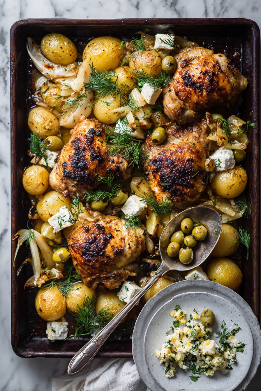 Sheet Pan Greek Chicken and Potatoes, Greek Chicken and Potatoes, Easy Greek Chicken Dinner, One-Pan Greek Chicken, Greek Roasted Chicken and Potatoes - The image shows a close-up of a cooked dish with several layers. The bottom layer is pieces of brown roasted meat, and around it are yellow potato wedges with black pepper. On top of the meat and potatoes are thin white onion slices spread evenly. There are slices of bright yellow lemon placed in different spots, along with some whole garlic bulbs. Over the top are several square slices of pale yellow cheese, resting on the lemon slices and meat. The dish sits on a white marbled surface, and the lighting makes the food look warm and tasty. photo taken with an iphone --ar 2:3 --v 7