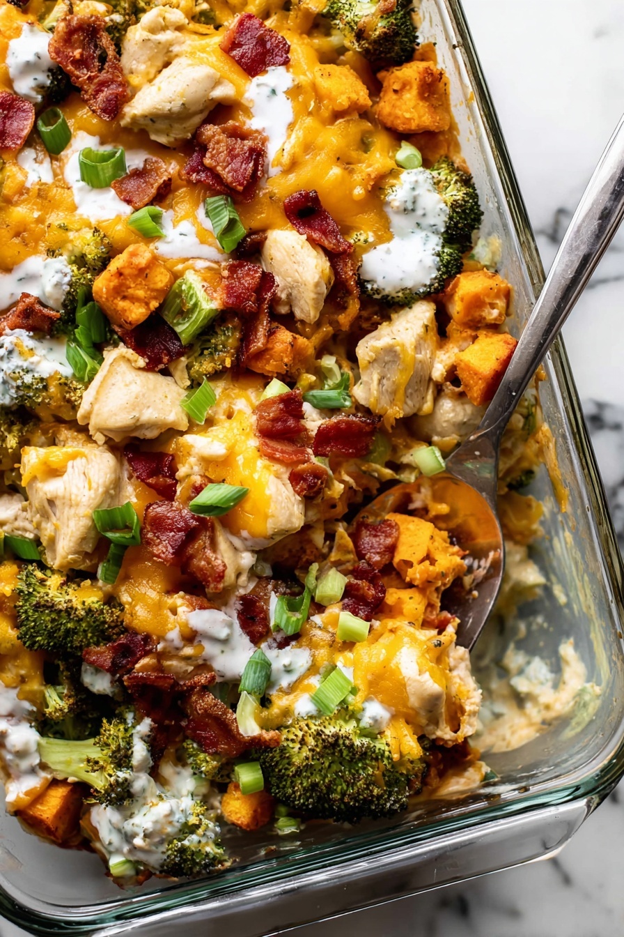 Buffalo Chicken Sweet Potato Casserole, spicy chicken sweet potato bake, healthy buffalo chicken casserole, easy sweet potato casserole, baked buffalo chicken dinner - A clear glass baking dish filled with a colorful mix of food layers on a white marbled surface. The bottom layer is made of orange roasted cubes, likely sweet potatoes, topped with bright green roasted broccoli pieces. Large chunks of cooked white chicken pieces are scattered evenly on top of the vegetables. On the top layer, there are dark red crispy bacon strips breaking up the texture and sprinkled yellow shredded cheddar cheese adds a soft texture and color contrast. Around the dish, there are small white bowls filled with chopped green onions, more bacon strips, and an orange sauce. The overall look is warm and inviting with a mix of soft and crispy textures, set against the white marbled background. Photo taken with an iphone --ar 2:3 --v 7