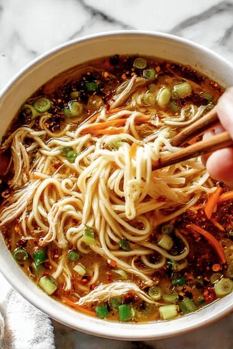 Ginger Scallion Chicken Noodle Soup, Asian chicken noodle soup, comforting chicken noodle recipe, spicy ginger chicken soup, quick homemade chicken noodle soup - A white bowl filled with clear broth contains three main layers: at the bottom are thin, flat white noodles tangled together; floating on the noodles are small pieces of light beige shredded meat, dark brown mushroom slices, and green chopped scallions; the top layer has chunks of pale green celery and thin orange carrot strips. The broth has small drops of oil that add a light shine to the surface. The bowl sits on a light brown woven mat with a glass of light yellow liquid nearby and a white marbled tabletop underneath. Photo taken with an iphone --ar 2:3 --v 7