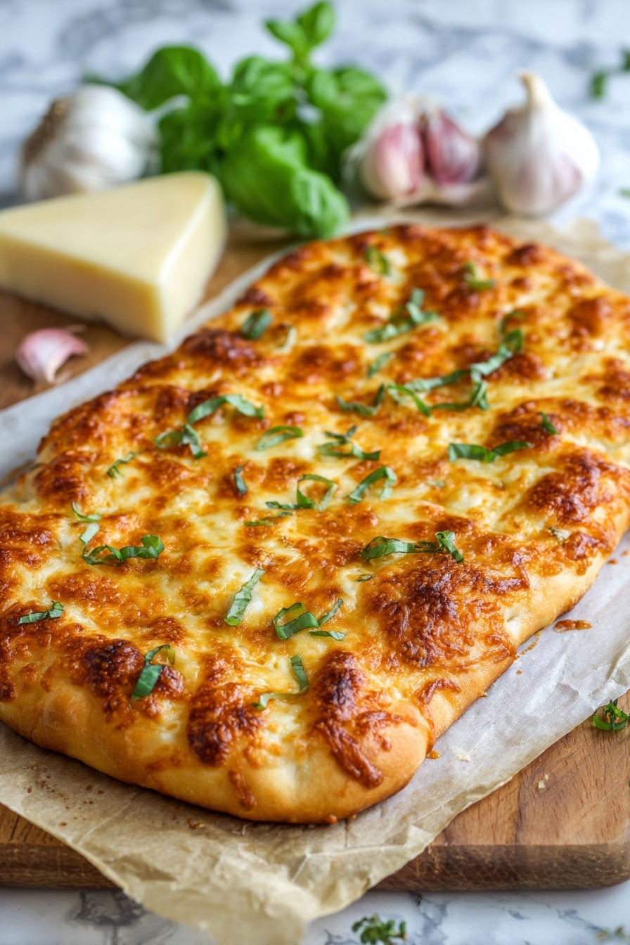 Garlic White Pizza with Parmesan, garlic white pizza, cheesy garlic pizza, white pizza with parmesan, easy garlic pizza recipe - The image shows a rectangular flatbread pizza with a golden-brown bubbly cheese layer on top, scattered with thin green basil strips. The base dough is light tan and slightly puffy around the edges. The flatbread is placed on parchment paper over a wooden surface with two garlic bulbs and a wedge of cheese nearby, along with a small bunch of fresh basil leaves. The background is changed to a white marbled texture. Photo taken with an iphone --ar 2:3 --v 7