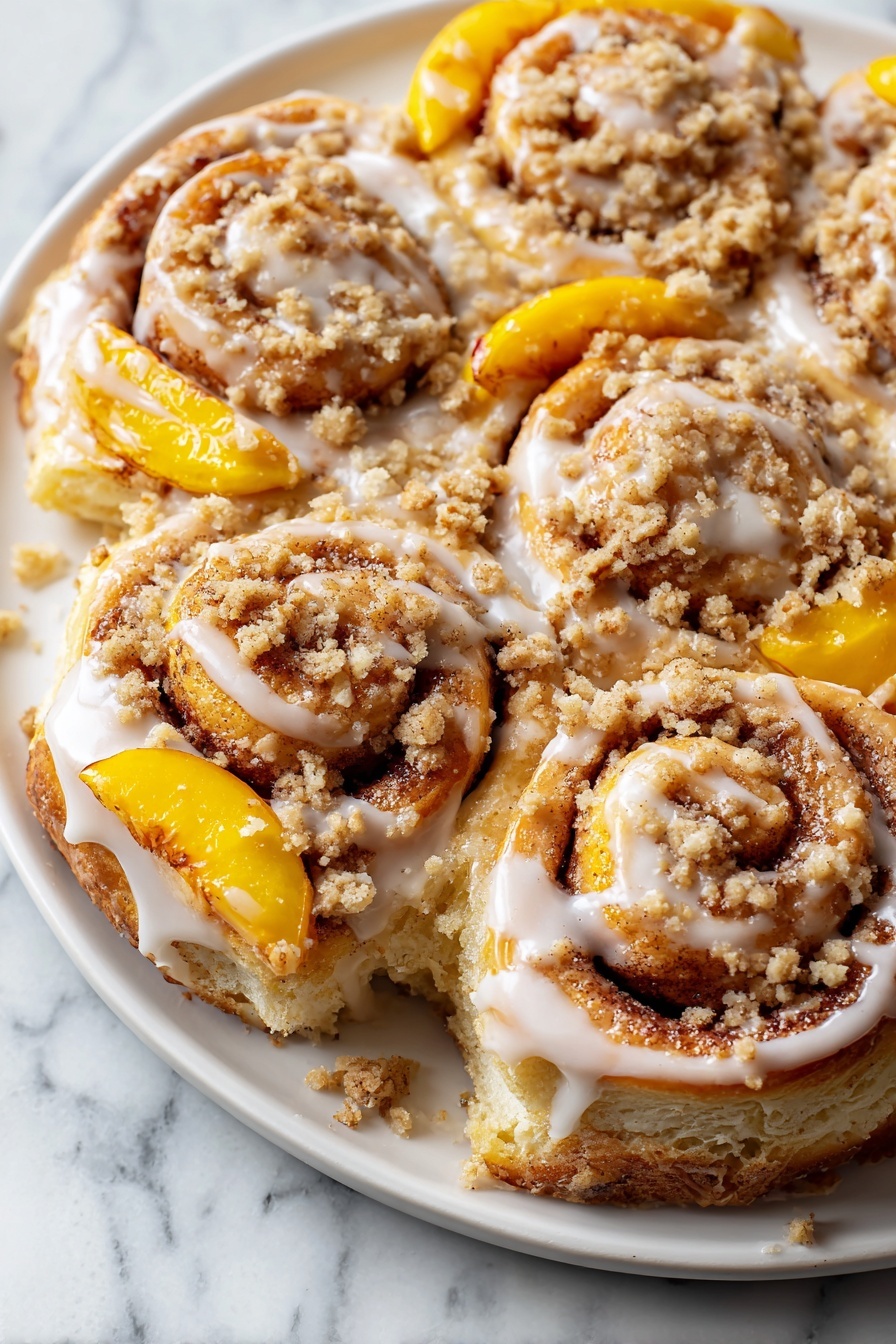 Peach Cinnamon Roll Bake, Peach Cinnamon Roll Bake recipe, fruity cinnamon roll casserole, easy peach breakfast bake, fruity cinnamon dessert - The image shows a close-up of several swirled cinnamon rolls with three visible layers: the base layer is light golden brown dough with a soft, flaky texture; the middle layer has crunchy, crumbly cinnamon sugar filling in shades of brown with some bright orange peach slices tucked inside; the top layer is drizzled with creamy, pale beige icing that glistens on the surface and is dusted lightly with white powdered sugar, all placed in a white bowl on a white marbled surface. photo taken with an iphone --ar 2:3 --v 7
