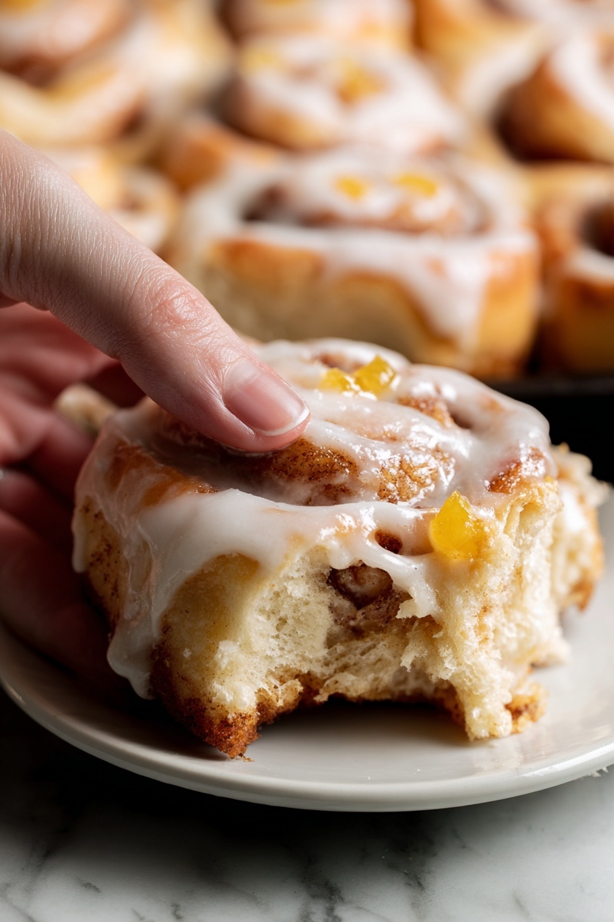 Peach Cinnamon Roll Bake, Peach Cinnamon Roll Bake recipe, fruity cinnamon roll casserole, easy peach breakfast bake, fruity cinnamon dessert - A close-up view of a cinnamon roll being gently lifted by a woman's hand, showing its soft, golden-brown layers filled with cinnamon and sugar swirls. The roll is covered with a smooth white glaze that drips over the edges, and small bright yellow pieces are scattered on top and inside, adding color contrast. The roll sits on a white plate, set against a white marbled surface, with other cinnamon rolls blurred in the background. The dough looks fluffy and light with a slightly browned crust. photo taken with an iphone --ar 2:3 --v 7