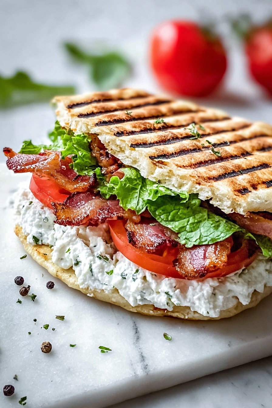 Cottage Cheese Wrap, healthy wrap recipes, protein-packed lunch ideas, cheesy wrap recipes, quick veggie wraps - A sandwich made with two grilled flatbread slices showing dark grill marks. The bottom flatbread is spread with white cottage cheese mixed with green herbs. On top, there are fresh green lettuce leaves, bright red tomato slices, and crispy reddish-brown bacon strips. Another layer of white cottage cheese with green herbs and more bright red tomato slices is under the top flatbread. The sandwich rests on a white marbled surface with some green herb leaves and black peppercorns scattered nearby. Photo taken with an iphone --ar 2:3 --v 7