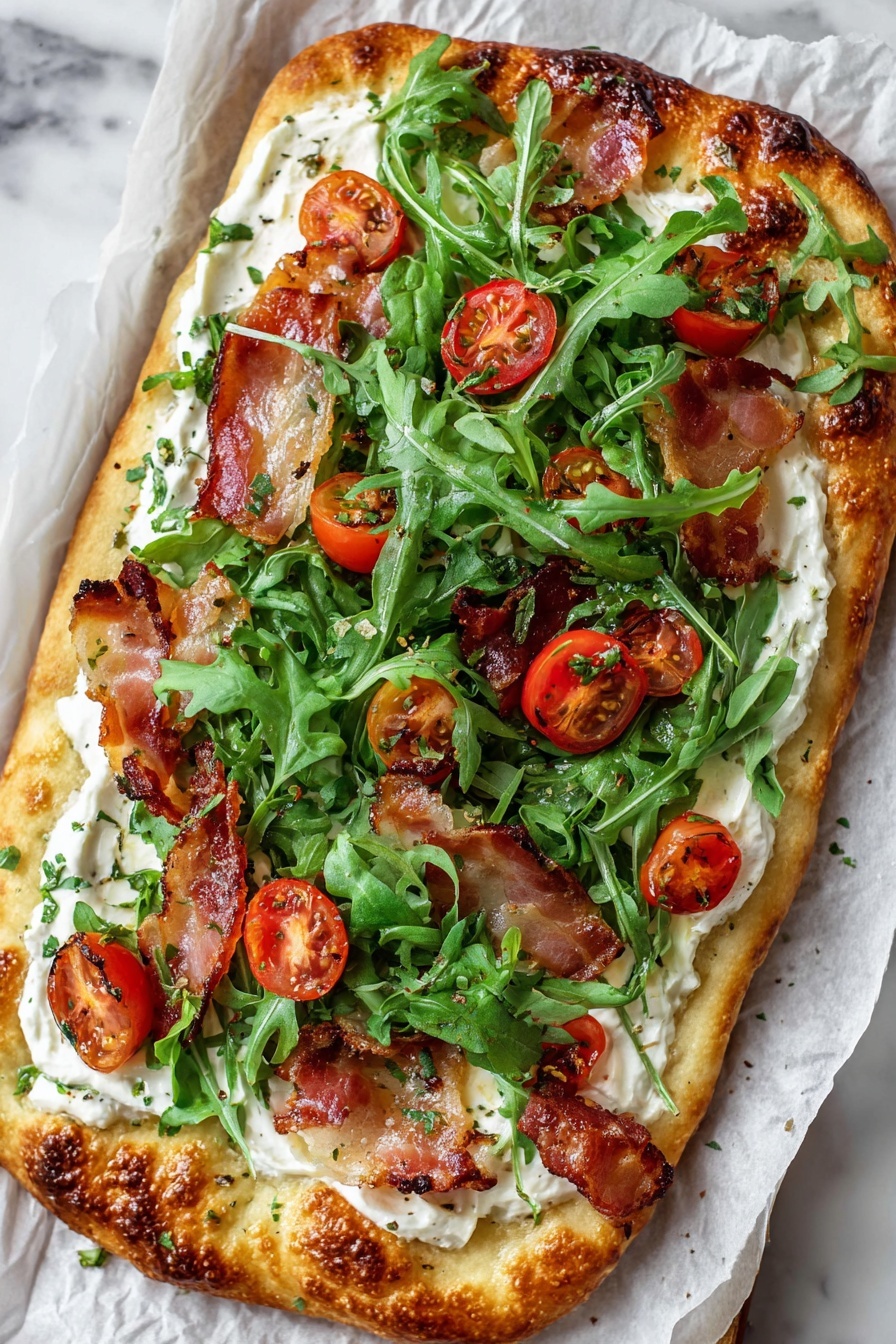 Cottage Cheese Wrap, healthy wrap recipes, protein-packed lunch ideas, cheesy wrap recipes, quick veggie wraps - The image shows a rectangular flatbread with a golden-brown, bubbly crust that covers the bottom half. The top half has three main layers: a creamy white spread covering the flatbread, fresh green arugula leaves on top of the spread, and several slices of cooked bacon along with halved red cherry tomatoes scattered on the greens. The dish is placed on white parchment paper over a white marbled surface. photo taken with an iphone --ar 2:3 --v 7