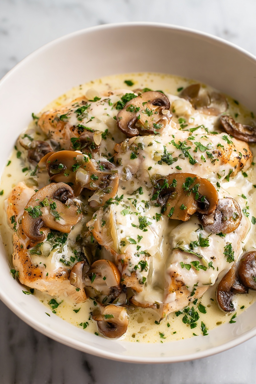 Creamy Chicken Mushroom Stroganoff, chicken mushroom pasta, easy dinner recipes, comforting weeknight meals, hearty chicken mushroom dish - The dish shows five golden brown chicken pieces with a shiny, slightly crispy texture on top, each garnished with small green herb pieces. Around and under the chicken, there are sliced mushrooms with a soft, cooked look, all covered in a creamy beige sauce speckled with herbs. Beneath and around the chicken and mushrooms, curly egg noodles with a pale yellow color are partly visible, all contained within a white bowl. The bowl sits on a white marbled surface. Photo taken with an iphone --ar 2:3 --v 7