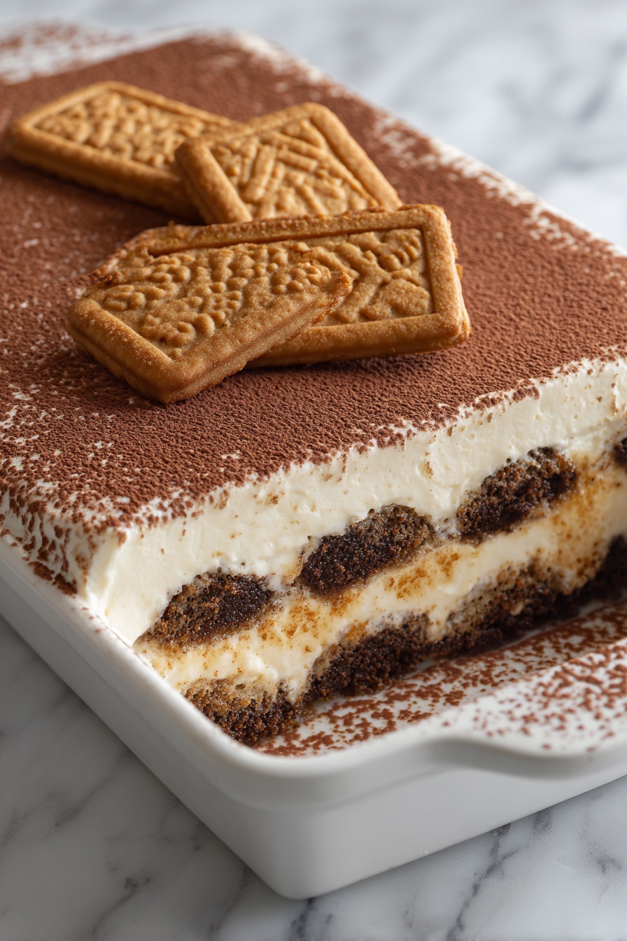 Biscoff Tiramisu, Biscoff dessert, no-bake tiramisu, cookie butter tiramisu, easy tiramisu recipes - A rectangular dish shows a layered dessert with three visible layers; the bottom and middle layers are dark brown, crumbly and moist, while the top and third layers are creamy and light beige with a smooth texture. The surface on top is dusted with a thin, even layer of dark brown powder, possibly cocoa. Two rectangular biscuits with a golden brown color and textured edges are placed on top, partially showing their embossed pattern. The dish is placed on a white marbled surface. Photo taken with an iphone --ar 2:3 --v 7