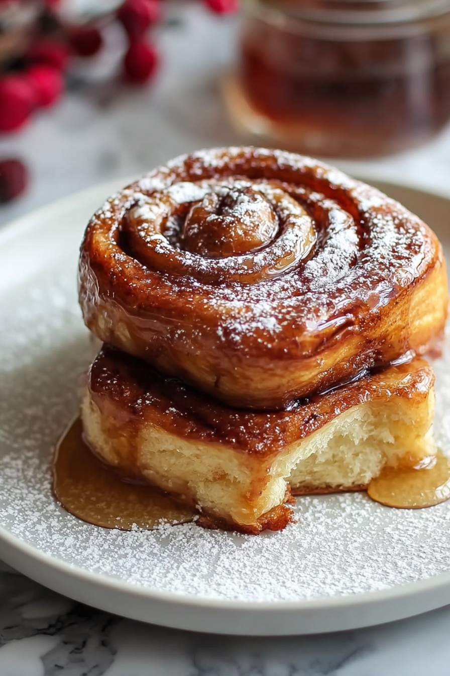 Cinnamon Roll French Toast, cinnamon roll breakfast ideas, easy cinnamon French toast, indulgent breakfast recipes, cinnamon toast casserole - A soft cinnamon roll with a golden-brown crust sits in a white plate against a white marbled surface. The roll has many spiral layers showing light golden dough and dark brown cinnamon filling in between. On top, a shiny, slightly thick cream glaze drips slowly down the sides, pooling a little on the plate. A dusting of fine white powdered sugar is sprinkled over the glaze, enhancing the texture. The background shows another cinnamon roll softly out of focus. photo taken with an iphone --ar 2:3 --v 7