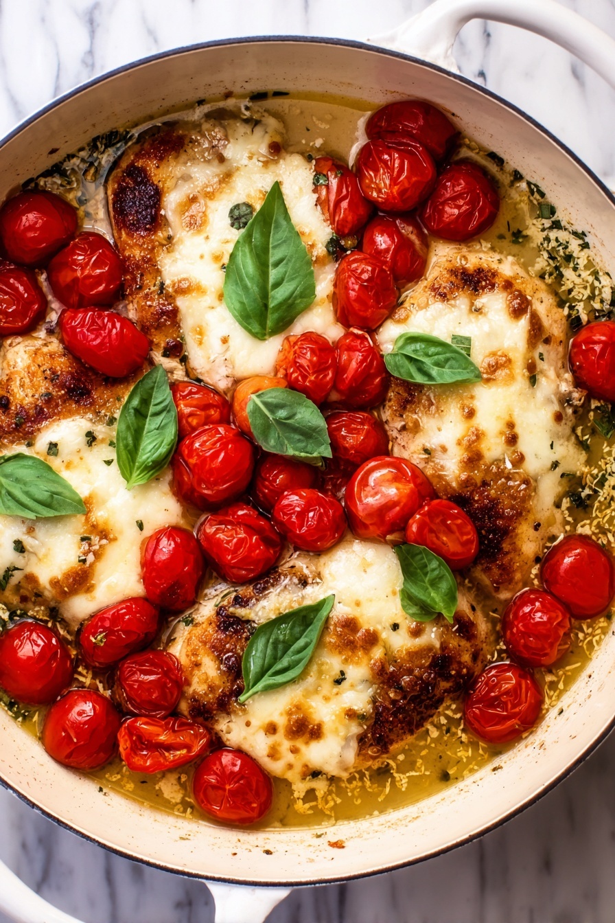 Balsamic Chicken with Tomato Mozzarella, Balsamic Chicken dinner, Easy chicken recipes, Quick weeknight meals, Fresh mozzarella chicken - The dish shows a white round pan filled with four layers of cooked chicken pieces topped with melted white cheese. Around and on top of the chicken, there are many red halved cherry tomatoes scattered evenly. Bright green basil leaves are placed on top, adding a fresh color contrast. The sauce in the pan is lightly golden and slightly oily, surrounding the chicken and tomatoes. The pan rests on a white marbled surface. photo taken with an iphone --ar 2:3 --v 7