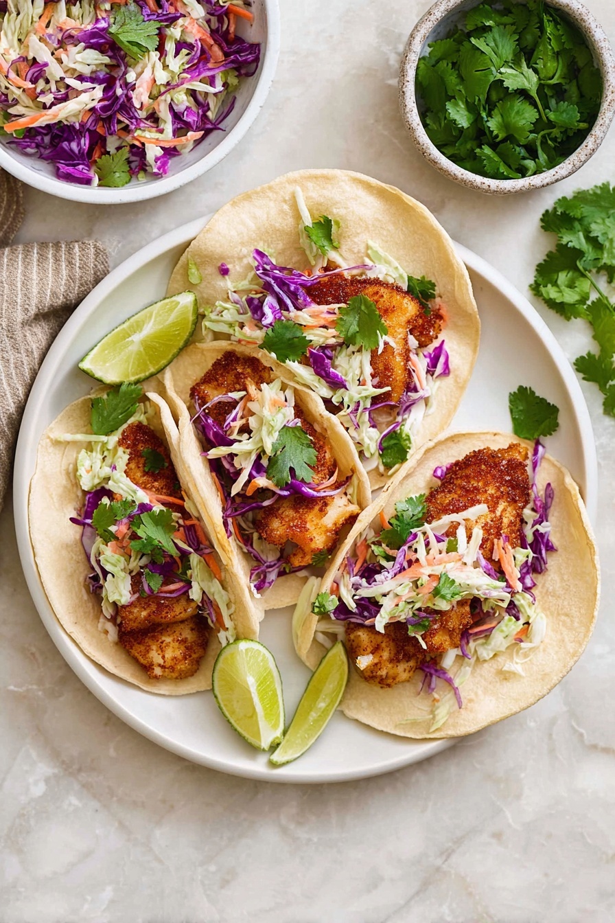 Air Fryer Fish Tacos with Cilantro Lime Slaw, fish tacos recipe, air fryer seafood tacos, healthy fish taco ideas, easy fish taco recipe - Three soft white tortillas are placed on a white plate on a white marbled surface. Each tortilla holds a layer of golden-brown crispy fish pieces topped with a colorful mix of shredded purple and white cabbage, sliced carrots, and green herbs. Fresh green cilantro leaves are scattered on top and around the plate. Lime wedges are placed on the side of the plate and near it. A small white bowl with extra cabbage slaw and another with extra cilantro are also visible. photo taken with an iphone --ar 2:3 --v 7