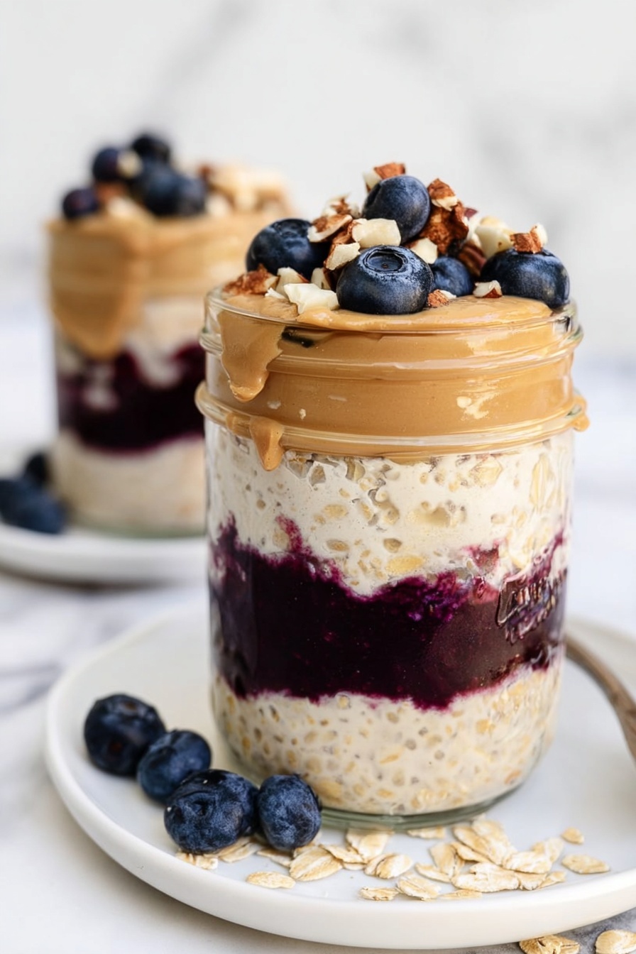 Peanut Butter and Jelly Overnight Oats, breakfast ideas, healthy overnight oats, quick breakfast recipes, protein-packed morning meals - The image shows two clear glass jars filled with three layers: the bottom layer is oatmeal with a light beige color and smooth texture; the middle layer is a dark red berry jam spread evenly; the top layer consists of oatmeal again, with a rough and creamy texture. On the very top, there is a topping made of whole blueberries, roughly chopped light brown peanuts, and some jam dripping slightly down the sides. Around the jars, there are scattered blueberries and oats on a white marbled surface. One jar has a silver spoon inserted near the top. To the side, there is a small white bowl filled with light brown peanuts and another white bowl with fresh blueberries. The photo taken with an iphone --ar 2:3 --v 7