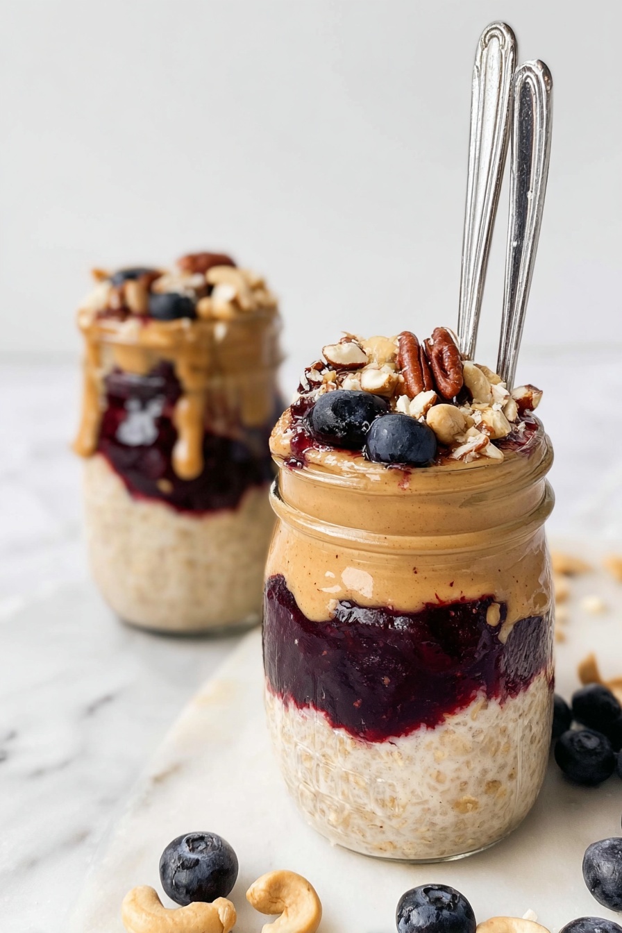 Peanut Butter and Jelly Overnight Oats, breakfast ideas, healthy overnight oats, quick breakfast recipes, protein-packed morning meals - The image shows two glass jars filled with a three-layered dessert placed on a white marbled surface. Each jar has a bottom layer of creamy oatmeal in a light beige color, topped with a thick dark purple fruit jam layer in the middle. Above the jam is a smooth, golden peanut butter layer that fills the jars almost to the top. On the very top, the jars are filled with more oatmeal mixed with chopped nuts including light brown cashews and darker pecans, and fresh dark blue blueberries. Two silver spoons are inserted into the jar in the front, and some scattered blueberries and cashews are visible nearby. The background is simple and white marbled. Photo taken with an iphone --ar 2:3 --v 7