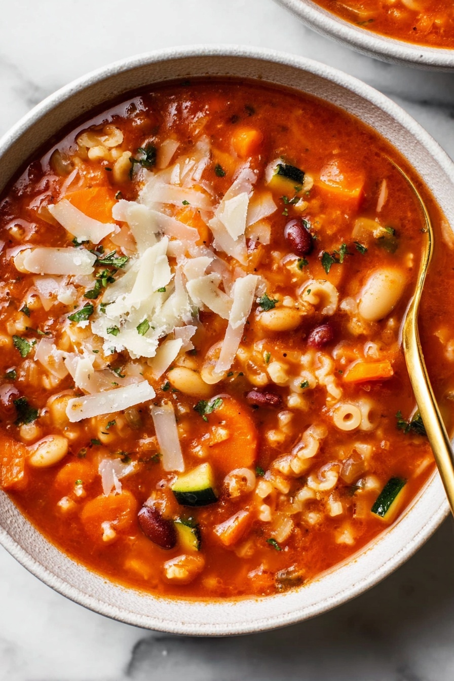 Hearty Minestrone Soup with Pasta, hearty minestrone soup, vegetable and pasta soup, healthy minestrone recipe, comforting tomato soup - A close-up view of a ladle full of thick vegetable soup inside a black pot, the soup has multiple layers of ingredients including orange carrot slices, white beans, small curved pasta, and bits of green beans all mixed in a rich red-orange tomato broth with specks of green herbs scattered on top, the texture looks chunky and hearty with visible soft vegetable pieces and pasta holding the soup together photo taken with an iphone --ar 2:3 --v 7
