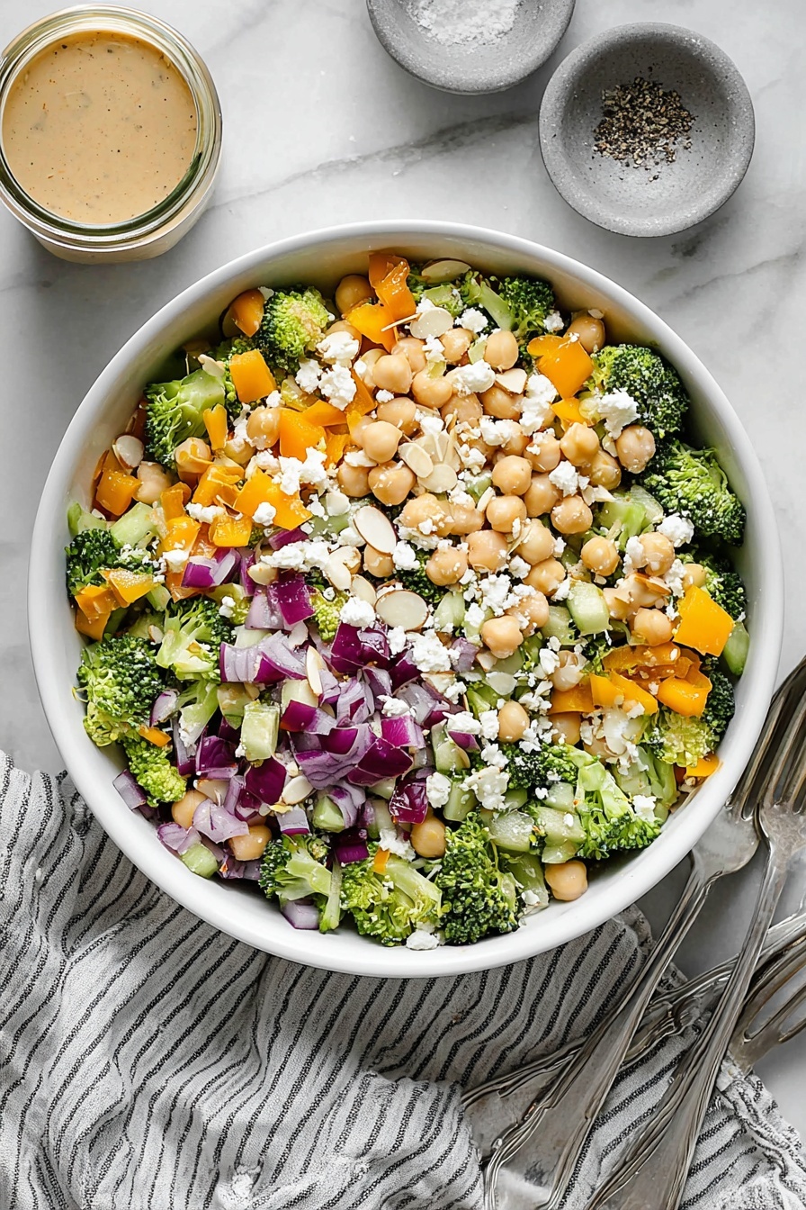 Broccoli and Chickpea Salad with Lemon Tahini, healthy vegan salad recipes, easy veggie chickpea salad, citrus tahini salad, quick plant-based recipes - A white bowl filled with a colorful salad showing multiple layers: the base layer consists of small, bright green broccoli florets and light beige chickpeas; scattered throughout are chunky orange bell pepper pieces and pale green celery bits; bright purple-red onion cubes are mixed evenly, adding contrast; white crumbled cheese pieces are sprinkled on top along with thin, light beige almond slivers; a light creamy dressing is drizzled over the salad, visible especially on the cheese and broccoli. A silver spoon rests in the bowl on the left side, and in the background there is a small glass jar with more dressing and a spoon inside it; the bowl is placed on a white marbled surface with a grey striped towel to the left. photo taken with an iphone --ar 2:3 --v 7